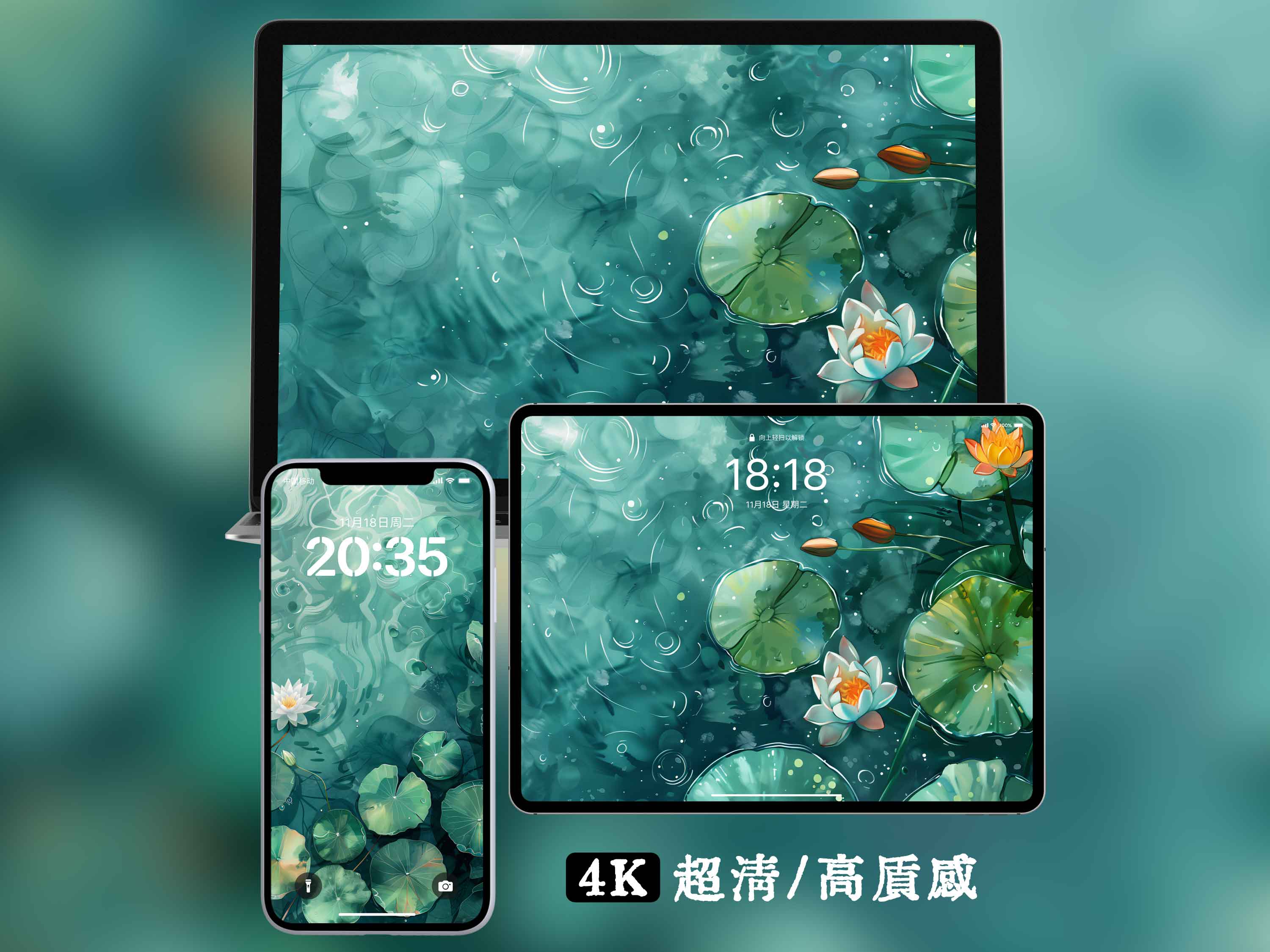 图片[1]-0003池塘荡漾4K壁纸唯美水面涟漪莲花禅意手机电脑桌面高清背景图-衔鳞集