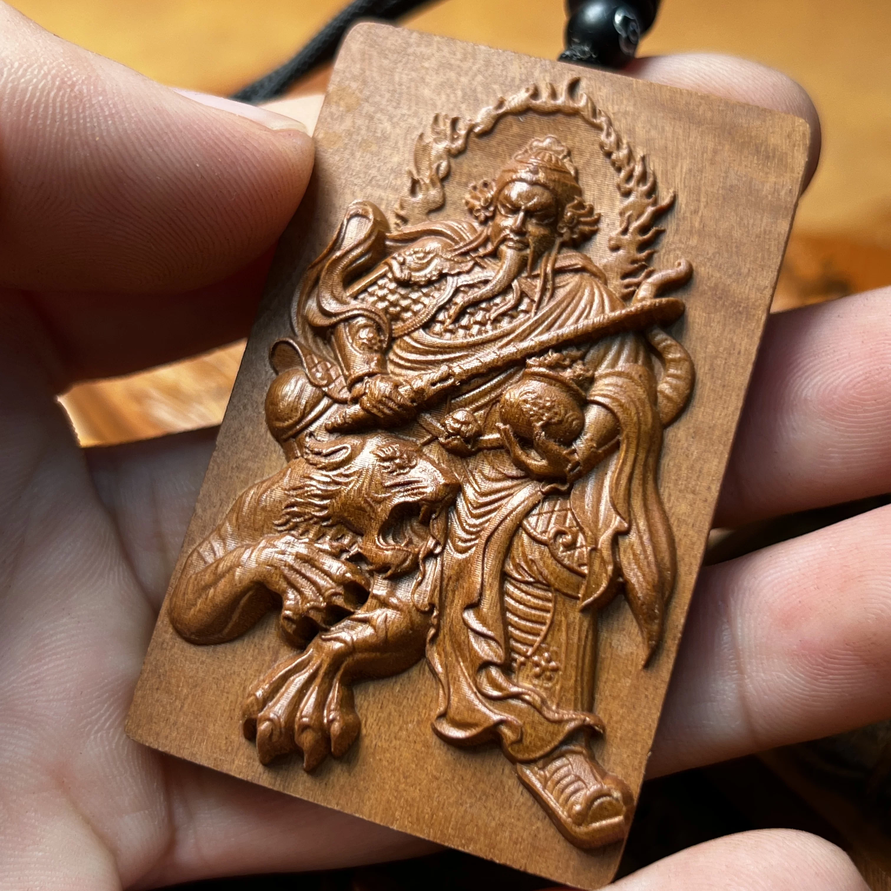 赵公明财神镇宅招财道系枣木精雕无事牌吊坠-衔鳞集