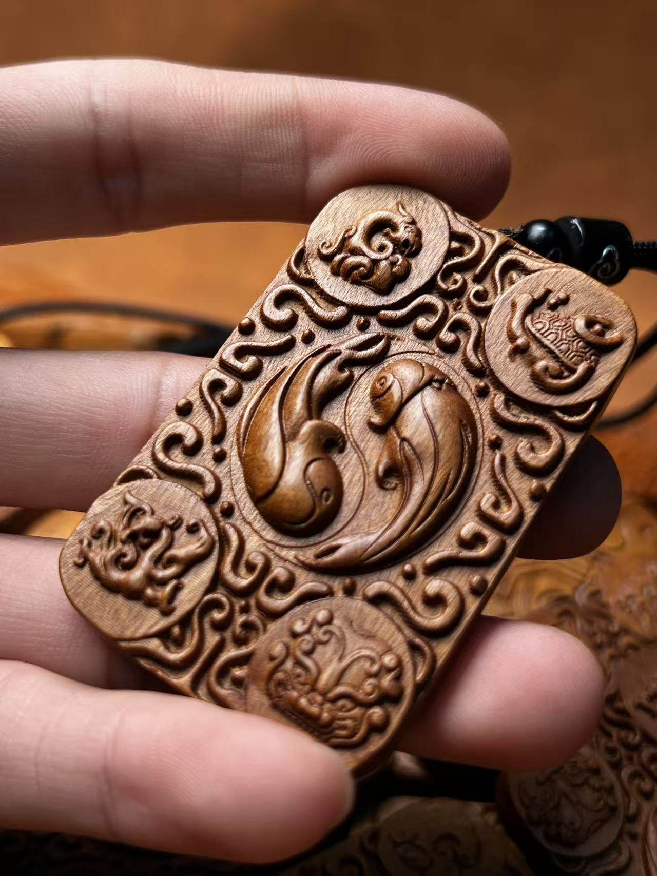 图片[1]-太极双鱼四灵八卦枣木精雕道系随身无事牌-衔鳞集