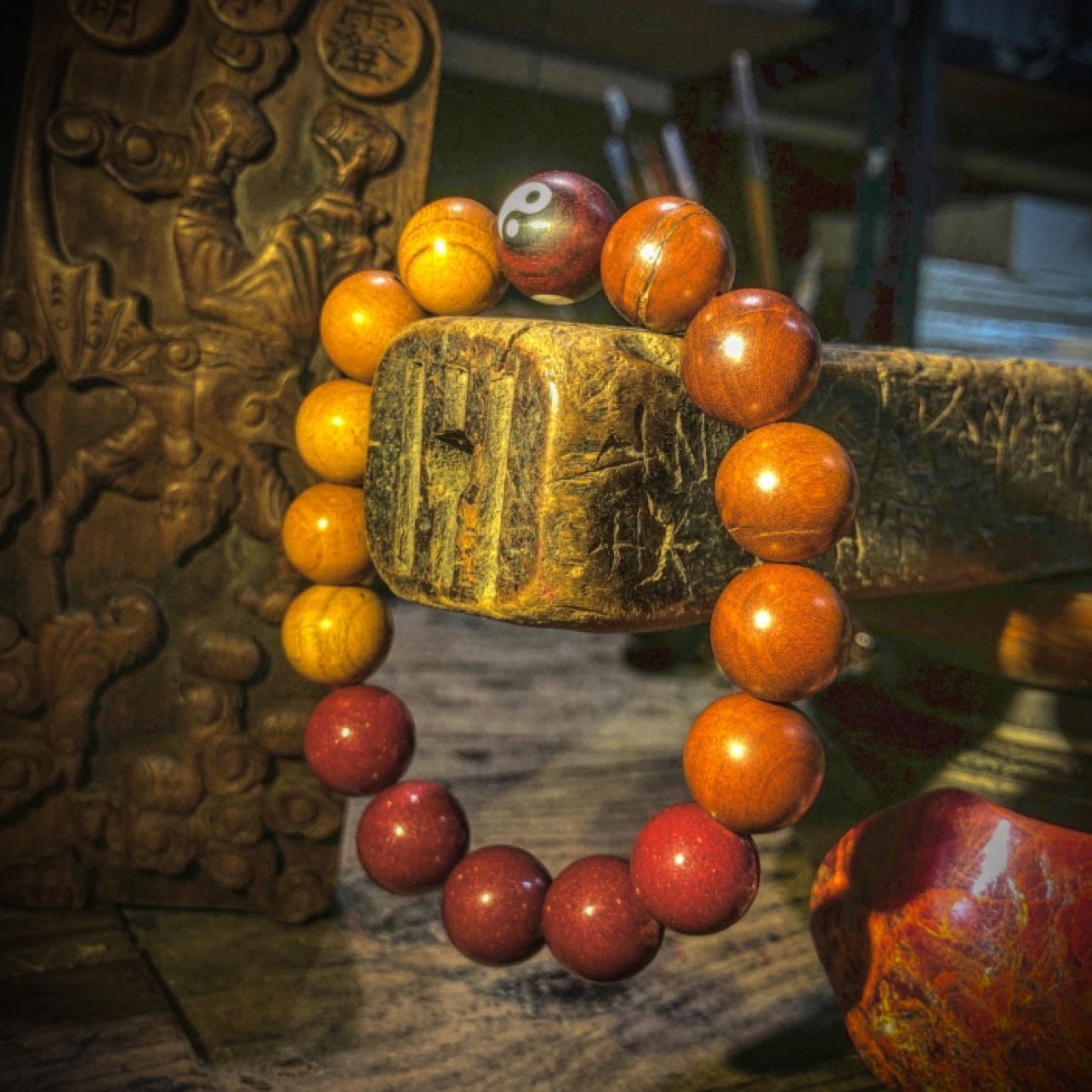 道家三阳枣木桃木朱砂流珠法串-衔鳞集