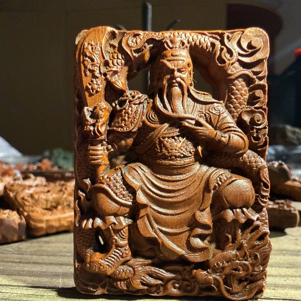 立刀关公招财护法枣木精雕道系平安无事牌-衔鳞集